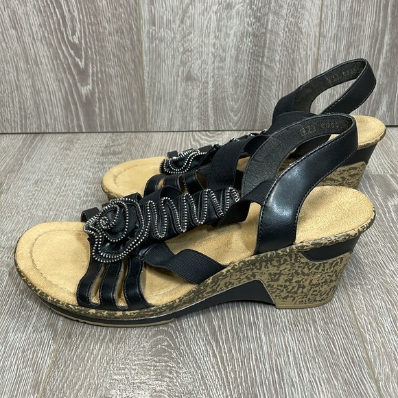 Rieker Antistress Black Leather Strappy Wedge Sandal Zipper Rosette 41 (US 9) - Picture 3 of 16